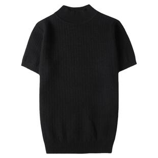 韩版修身男士半高领针织短袖T恤潮流型男条纹中领打底衫时尚上衣