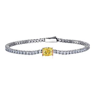 主石一克拉枕形鹅黄钻3分排钻手链女925银镀金彩宝手链轻奢精致闪