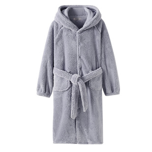 美标2025秋冬新款男士珊瑚绒睡袍加厚连帽长款系带浴袍保暖家居服