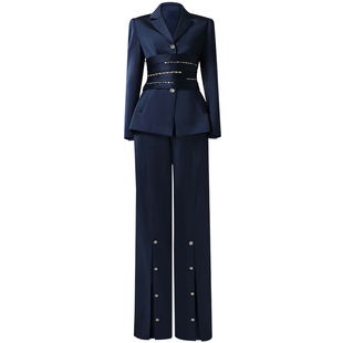 茬客轻熟通勤职业套装2025秋冬藏青色束腰上衣开叉阔腿裤两件套女