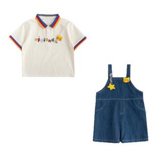 幼歌婴幼儿2026夏季新款清凉冰瓷棉POLO衫透气牛仔背带裤休闲套装