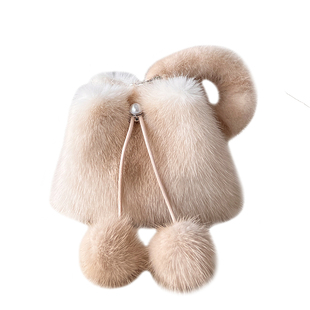 新款水貂毛小水桶包包女毛绒毛球皮草包包轻奢真毛百搭斜挎手拎包