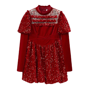 LULUALWAYS我爱露露新款节日风珠片红色连衣裙舞台主持礼服裙