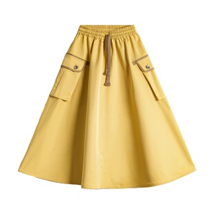 马登黄色美式复古松紧腰抽绳大裙摆半身长裙工装A字伞裙子女士春