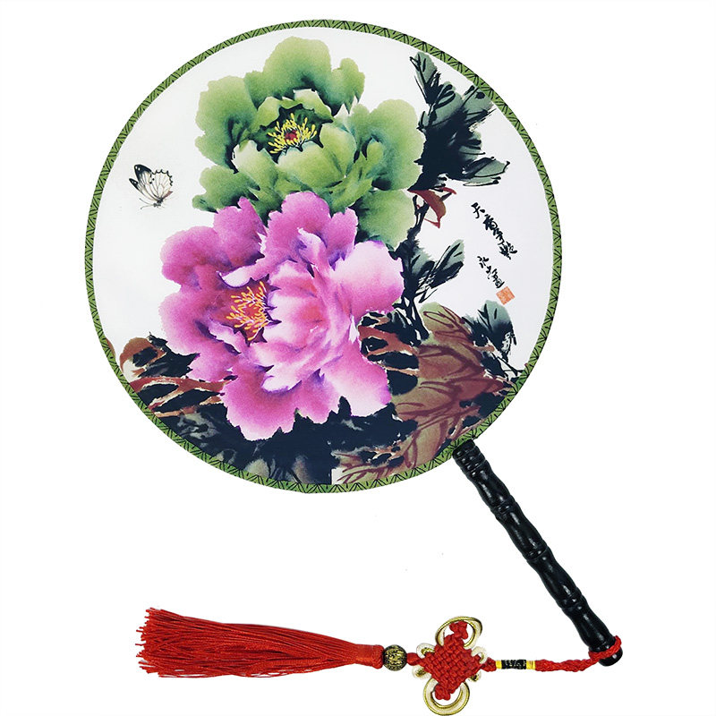 团扇茉莉花舞蹈旗袍美人扇子中国风青花瓷双面圆扇长坠子花开富贵