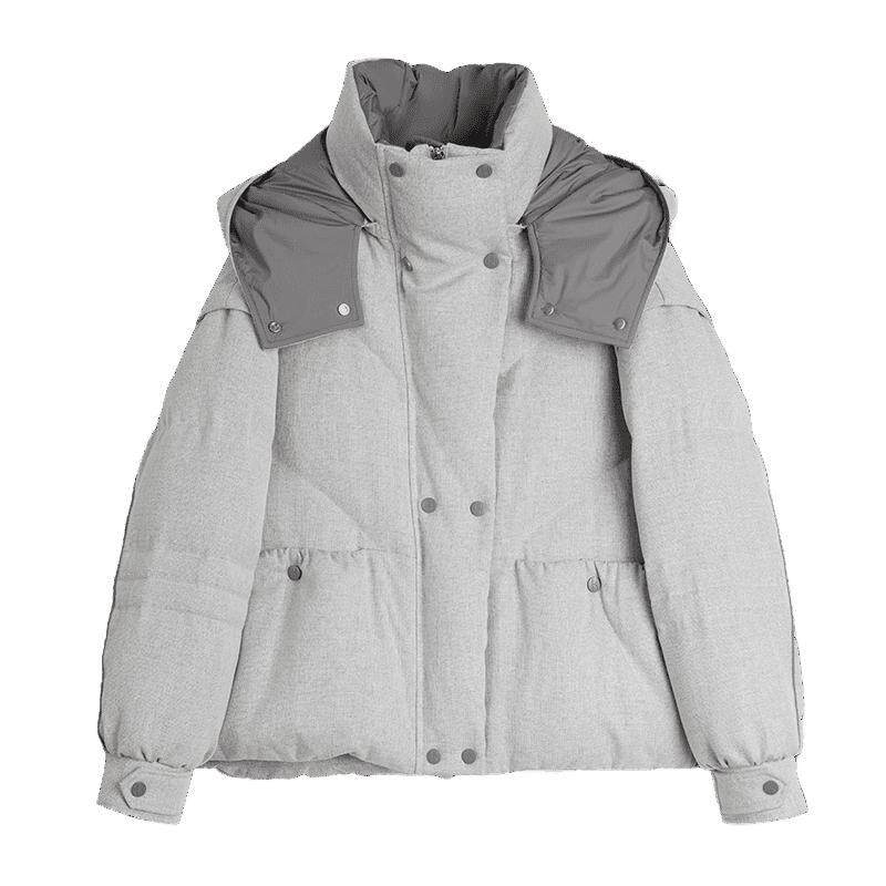 ELLE90白鸭绒灰色短款连帽羽绒服