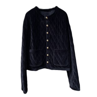 秋冬复古洋气百搭廓形金扣菱格夹薄棉黑色丝绒棉服棉衣小外套女