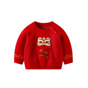 男宝宝毛衣秋冬中国风红色一周岁衣服冬装男童加绒上衣婴儿拜年服