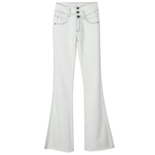 白色微喇叭牛仔裤女高腰显瘦2025年秋冬新款修身弹力毛边加绒裤子