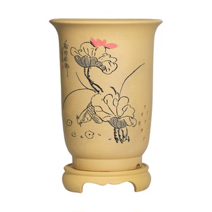 大德号宜兴紫砂兰花花盆陶瓷兰草君子蓝大花蕙兰刻绘带托盘专用盆