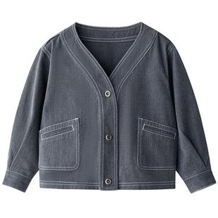 enhenn儿童牛仔外套2025春秋新款无领韩版中大童女童上衣男童潮衣