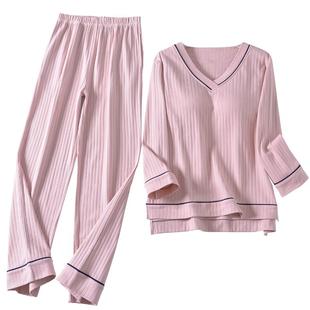 2025春秋纯棉带胸垫长袖长裤套装罩杯一体家居服休闲两件套睡衣女
