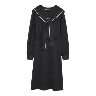 飘蕾减龄气质系带海军领连衣裙2025冬季新款韩系收腰显瘦a字长裙