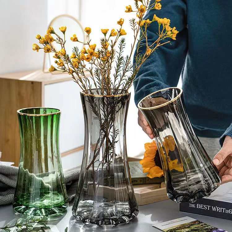 描金原色玻璃花瓶透明水插花鲜花网红百合简约养创意摆件工艺品