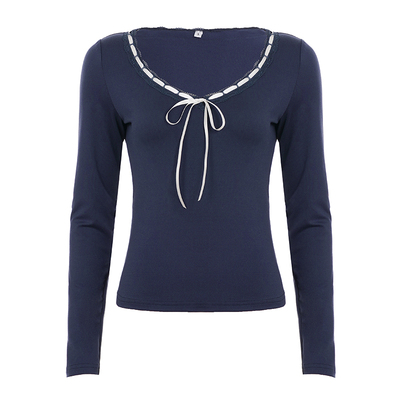 WEEKEEP 甜美少女蕾丝拼接V领系带蝴蝶结长袖T恤百搭修身显瘦上衣