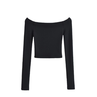 Lovedeath【暮色巴黎】黑色一字肩短款上衣女性感修身长袖羊绒T恤