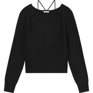 出口日本外贸春秋女装甜美可爱假两件短款吊带长袖套头针织衫毛衣