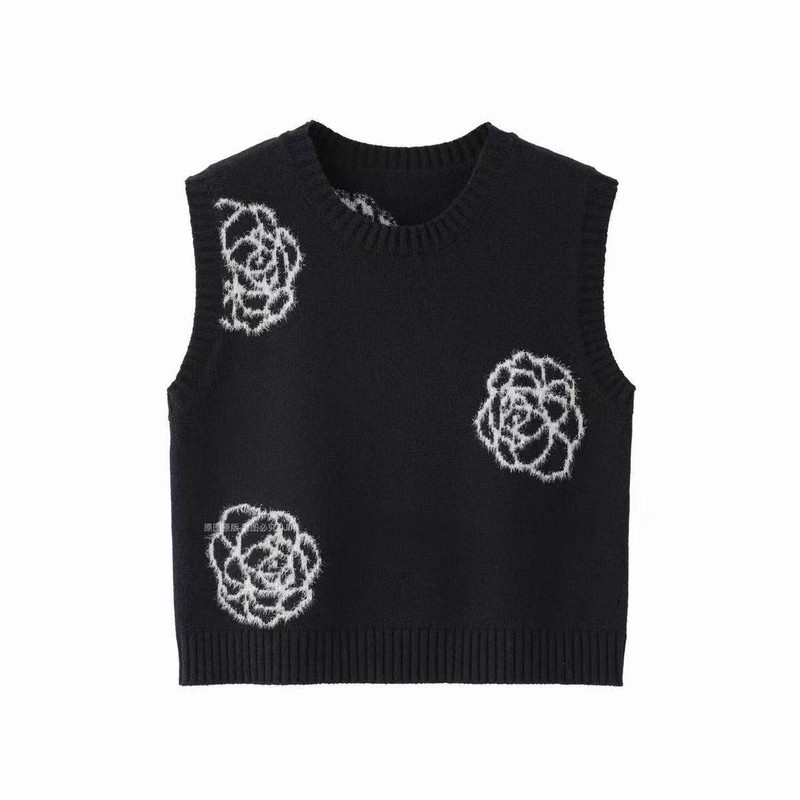黑色针织提花马甲女秋冬宽松