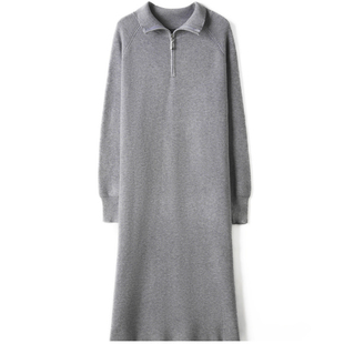 恒源祥彩羊纯羊毛衫女加厚半拉链高领秋冬长款毛衣宽松羊绒连衣裙