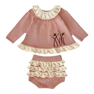 韩版婴儿衣服春秋装女宝宝女童针织花边领上衣荷叶边短裤公主套装