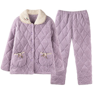 三层夹棉睡衣女款珊瑚绒2025新款秋冬季就加绒加厚女士家居服套装