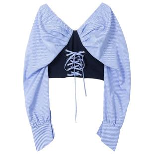 KEIKO miu系蓝色条纹拼接长袖衬衫女26春季绑带收腰带胸垫V领上衣