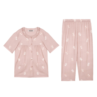 美标纯棉短袖七分裤睡衣女夏季宽松荷叶边圆领家居服套装两件套