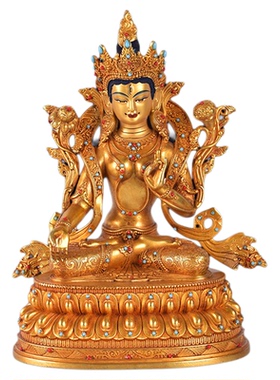 藏式精工黄铜全鎏金镶嵌彩珠带背光白度母佛像供奉菩萨像装饰摆件
