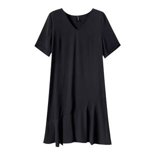 大码女装遮肚子显瘦200斤夏装胖mm宽松过膝垂感长款v领鱼尾连衣裙