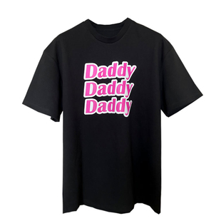 GWHEN原创 410克重磅厚实DADDY粉色印花宽松挺括黑色短袖T恤 男女