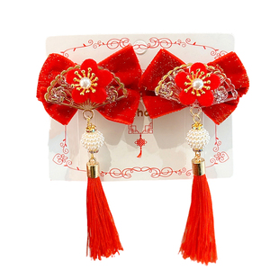 新年红色发夹女童过年古风汉服蝴蝶结头饰女儿童喜庆宝宝发卡发饰