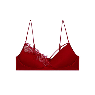 DPLAYSWEET蕾丝细肩带内衣套装真丝内里红色无钢圈三角杯文胸性感