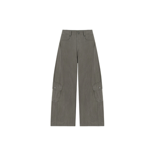 灰绿色工装休闲裤女秋冬加绒加厚胖妹妹mm设计感高腰显瘦阔腿长裤