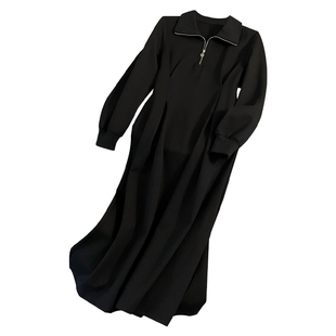 法式高级感秋冬连衣裙加绒收腰显瘦内搭长袖中长款气质感黑色裙子