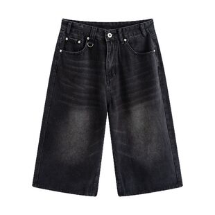 万有引力博物馆 经典复古水洗做旧牛仔裤七分裤女夏季裤子阔腿裤