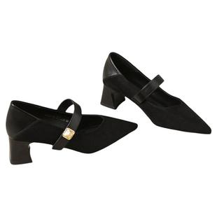 木林森女鞋2026春季新款尖头粗跟一字扣高跟鞋百搭休闲浅口单鞋