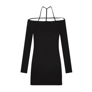 ousph 黑色一字肩挂脖连衣裙女秋收腰新款长袖紧修身气质法式性感