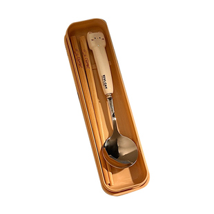 可爱方脸猫筷子勺子套装学生上学专用盒儿童一人食便携餐具收纳盒