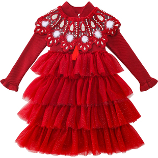 女童红色连衣裙冬装2025新款洋气小女孩网纱新年公主裙儿童拜年服