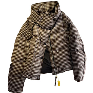 咖色格子羽绒服女2025冬季新款巨好看立领90白鸭绒短款面包服外套