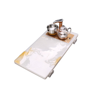 功夫玉石石头茶盘茶具套装简约白色茶台家用排水现代带智能全自动