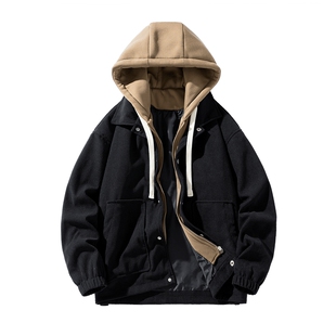男士灯芯绒连帽夹克外套男款假两件大码上衣2026新款春季男装卫衣