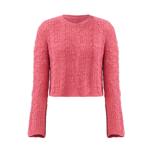 IAmMIX27绞花圆领套头衫女简约百搭短款镂空舒适全绵羊毛针织上衣