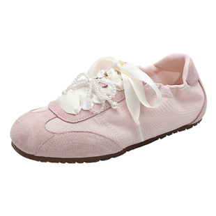 达芙妮粉色芭蕾德训鞋女2026新款春季平底休闲鞋板鞋内增高运动鞋