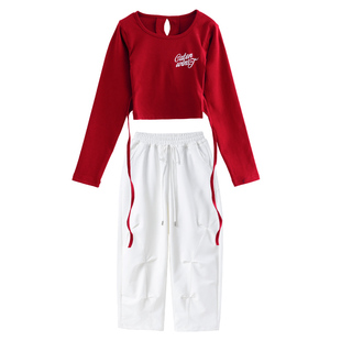 儿童jazz爵士舞服女童时髦露脐长袖舞蹈练功服韩舞街舞走秀演出服