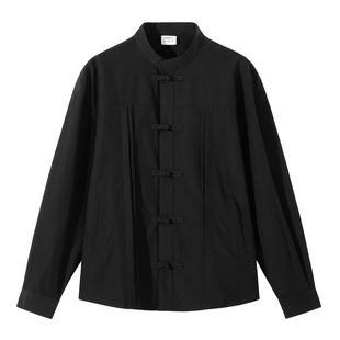 SANBAI 叁佰新中式国风唐装衬衫男装秋季黑色订婚外套长袖上衣