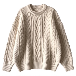 米白色慵懒风麻花纹圆领毛衣女秋冬加厚针织衫设计感休闲上衣