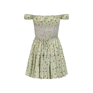 le palais vintage法式复古 抹茶绿色小碎花露背蛋糕蓬蓬裙