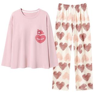 可人儿春秋季纯棉睡衣女休闲圆领秋款长袖套头少女学生家居服套装