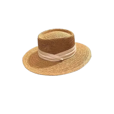 法式复古老钱风平顶编织草帽女夏季海边度假防晒遮阳帽子沙滩礼帽